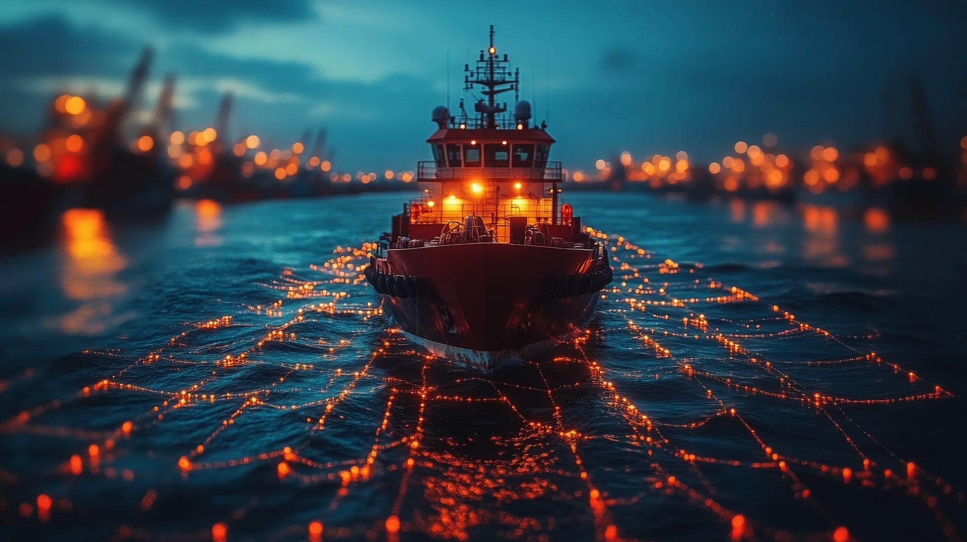 The illuminated bow of a container ship sailing at twilight
