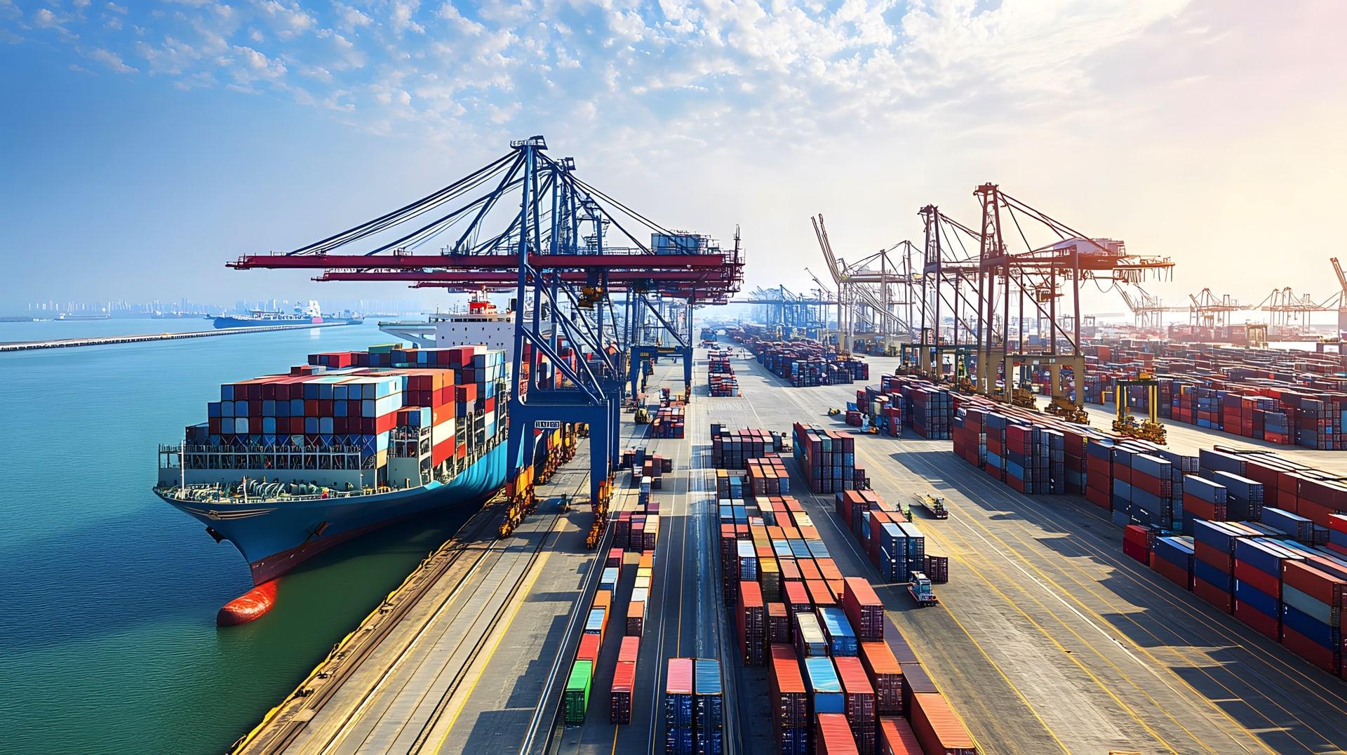 Overhead photo of an industrial port with colourful shipping containers and cranes
